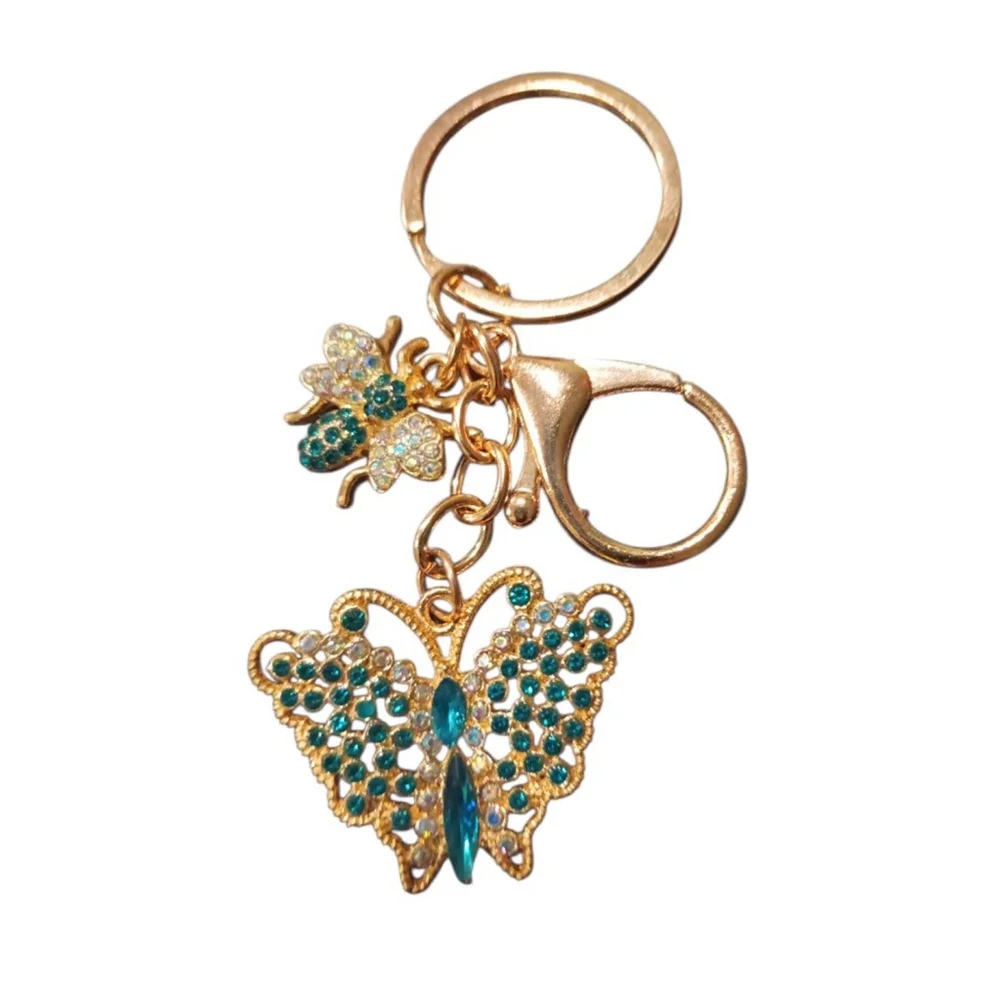 Beautiful Blue Rhinestone Butterfly Bumblebee Gold Tone Keychain Purse Charm